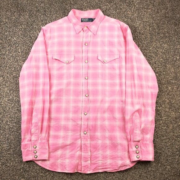 Vintage Polo Ralph Lauren Shirt Western Pearl Snap Button Plaid Pink Mens Large - Picture 1 of 11